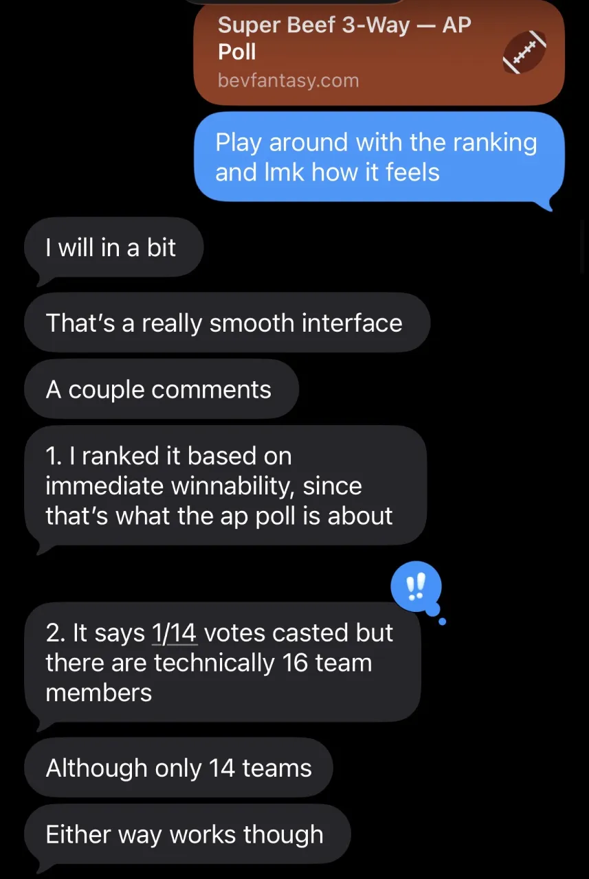 A chat thread praising the ballot interface, then noting the counter reads 1 of 14 votes cast when the league has sixteen team members across fourteen teams